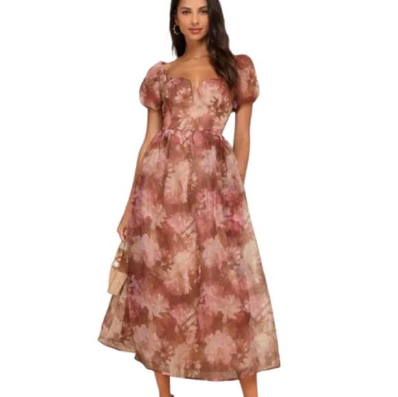 Lulus Lovely Statement Light Brown Floral Organza Tie Back Midi Dress - Picture 1 of 16
